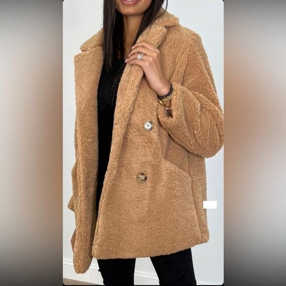 Talulah S/M Tan Camel Max Oversized Teddy Coat Double Breasted Cozy Warm Soft - Picture 11 of 12